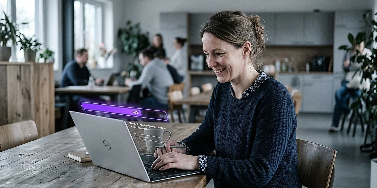 Mitarbeiter bearbeitet interaktives Compliance-Quiz am Laptop