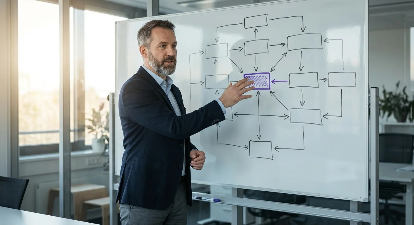 Visualisierung eines Algorithmus als Flussdiagramm mit Entscheidungsschritten und Datenpfeilen