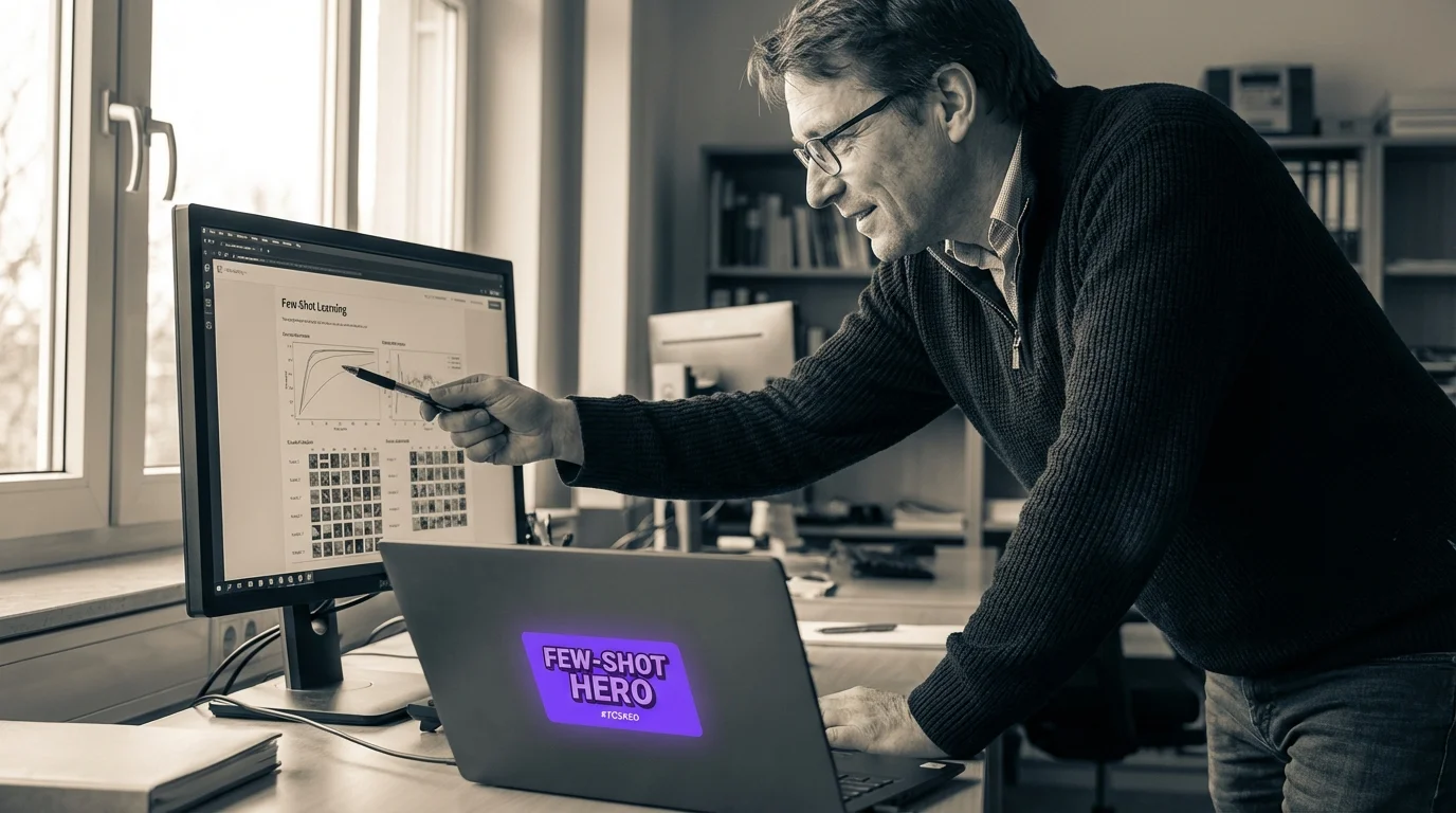 Drei leuchtende Beispiel-Karten die in ein violettes KI-Netzwerk einfließen