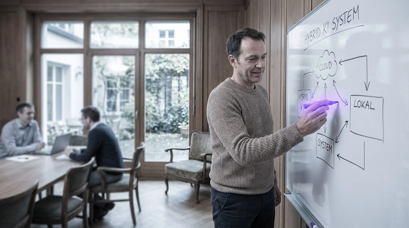 Zwei verbundene Sphären aus Cloud und Server-Hardware mit violetten Datenbrücken dazwischen