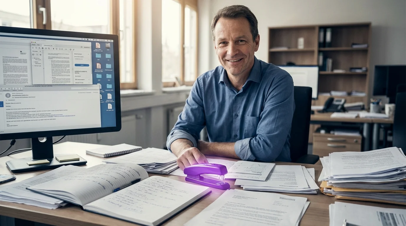 Chaotisches Meer aus Dokumenten, E-Mails und Bildern das durch violettes KI-Licht geordnet wird