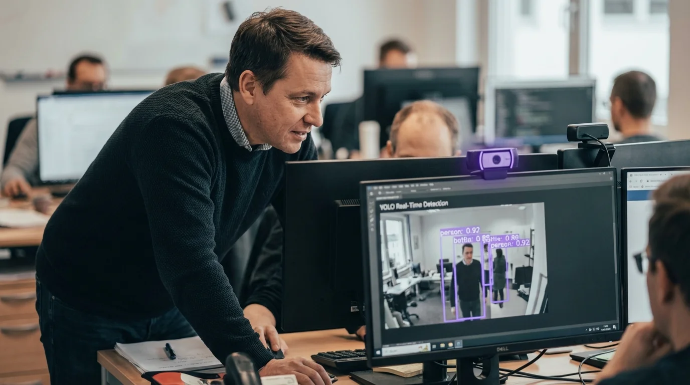 Echtzeit-Kamerabild mit violett leuchtenden Erkennungsrahmen um verschiedene Objekte